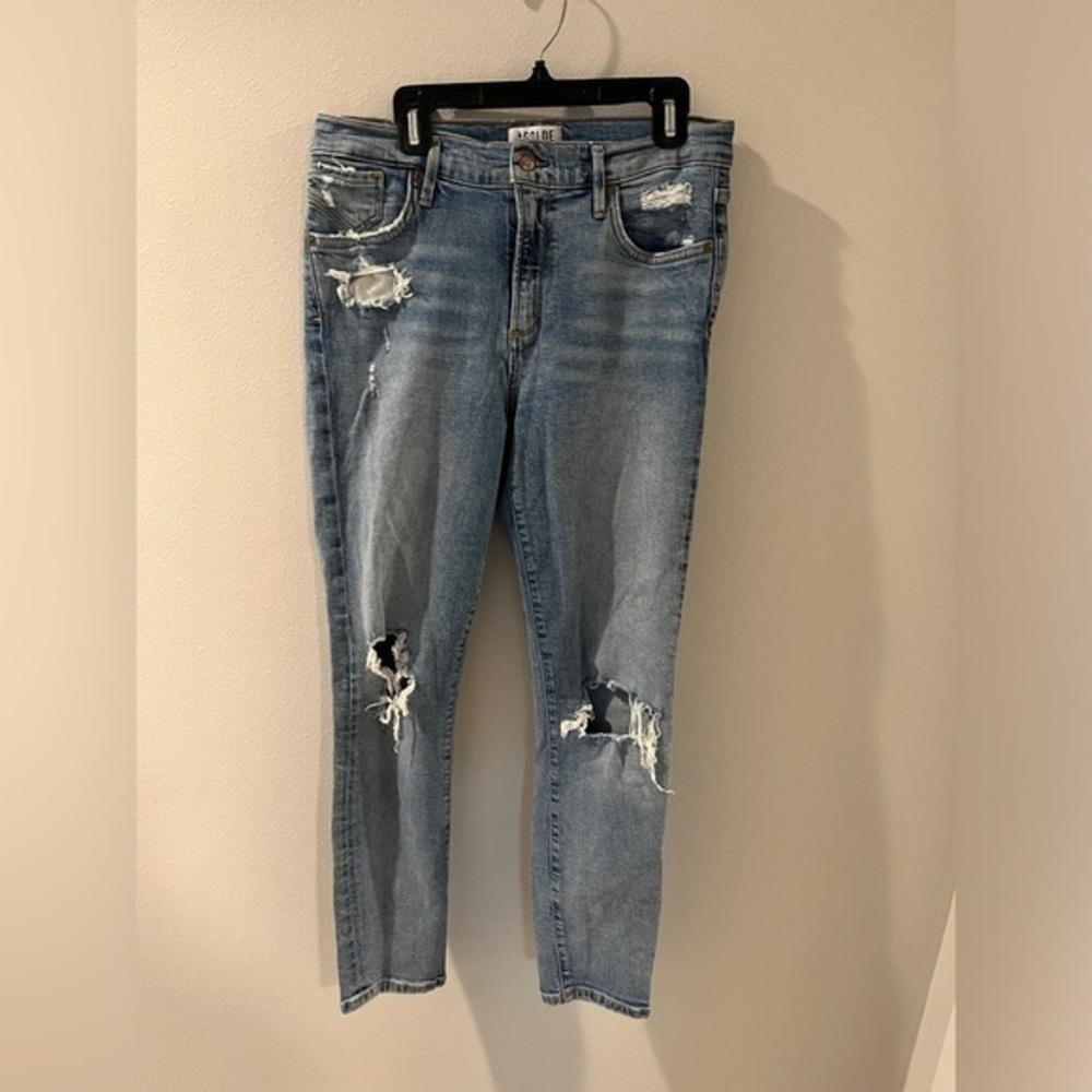 Agolde Size 26 Medium Wash Distressed Ripped Knees Straight Leg Ankle Jeans Blue